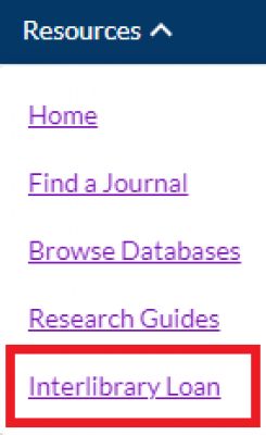 Resources drop down menu: Home, Find a Journal, Browse Databases, Research Guides, and Interlibrary Loan