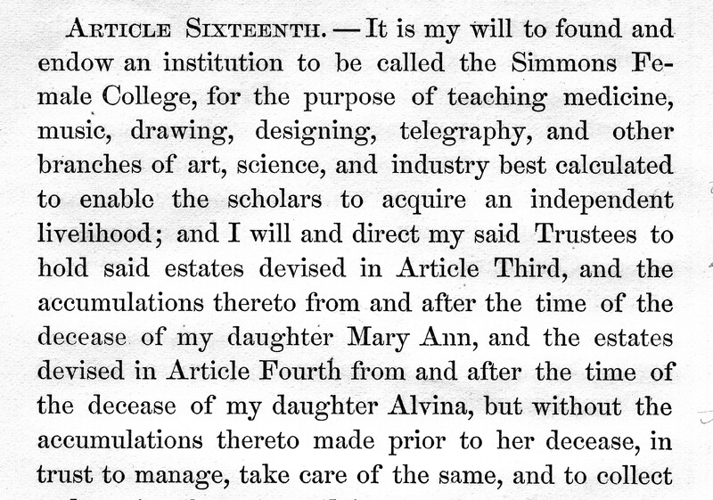 Excerpt from John Simmons' will describing the foundation of Simmons College, ca. 1870.