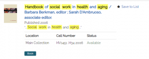Item record of the handbook of social work on the results page