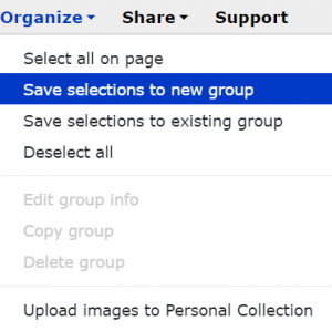 Organize drop-down menu where the Save selections to new group is highlighted