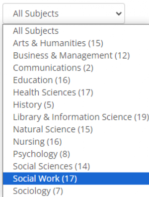 Subjects Drop-Down menu with social work highlighted