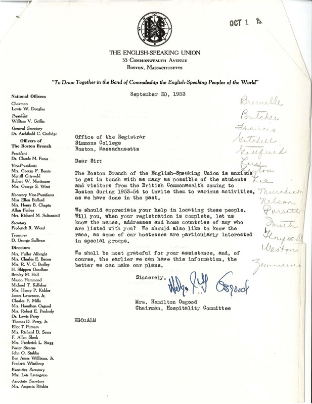 Request by the Boston English-Speaking Union to the Simmons Registrar for contact information on students from the British Commonwealth, 1953