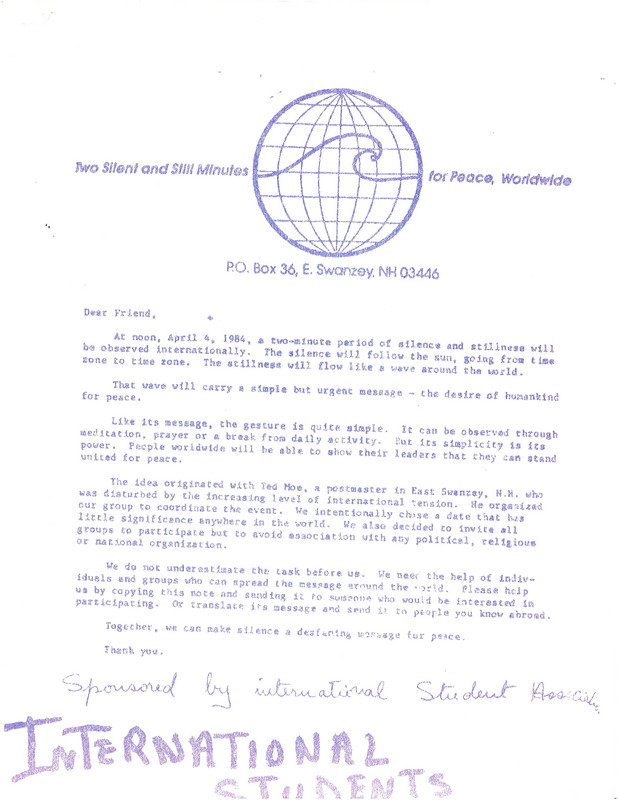 International Students Association (ISA) period of silence and February 4, 1992 meeting agenda, circa 1992