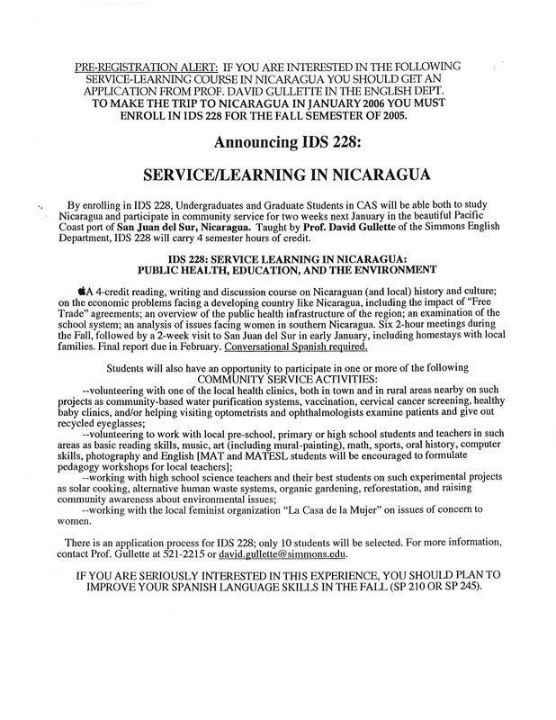 Service Learning in Nicaragua Announcement