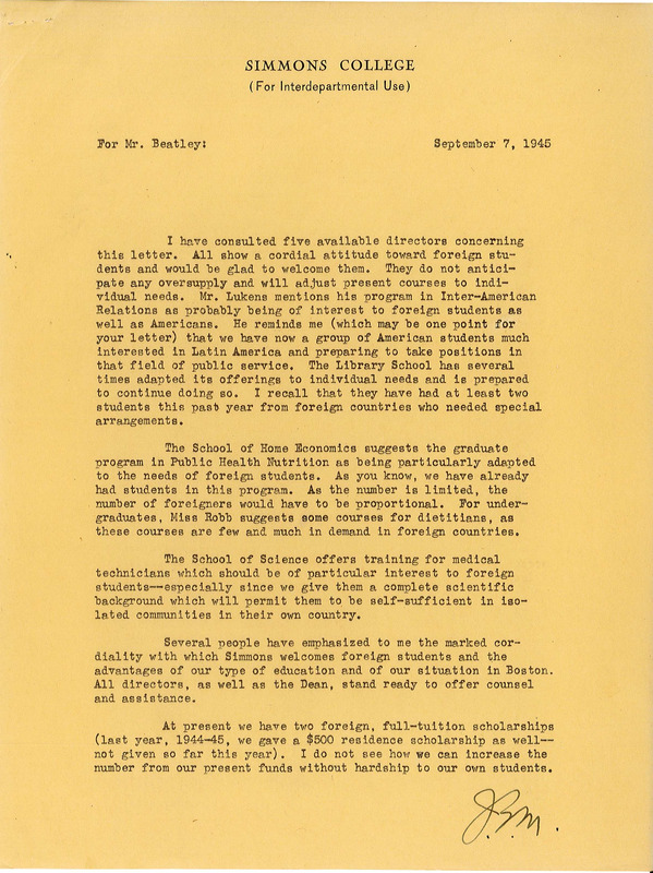 Letter to President Bancroft Beatley (1933-1955) from the Registrar on potential programs that may interest international students, 1945