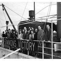 Simmons College students, alumnae, and administration visiting Simmons-sponsored Victory ship, SS Simmons