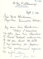 Correspondence from Yoshiko Mori, Class of 1930, to Dora Sherburne (Registrar of Simmons College), 1930