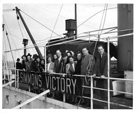 Simmons College students, alumnae, and administration visiting Simmons-sponsored Victory ship, SS Simmons