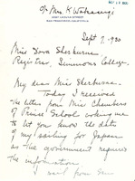 Correspondence from Japanese international student Yoshiko Mori to the Simmons Registrar Dora Sherburne about her arrival and departure dates to and from the U.S., 1930