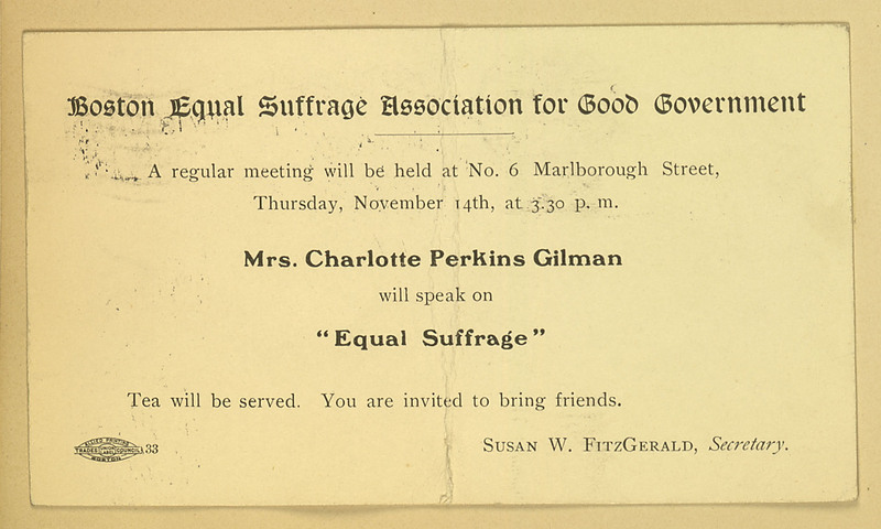 Boston Equal Suffrage Association for Good Government meeting notice; Charlotte Perkins Gilman speaking on "Equal Suffrage."