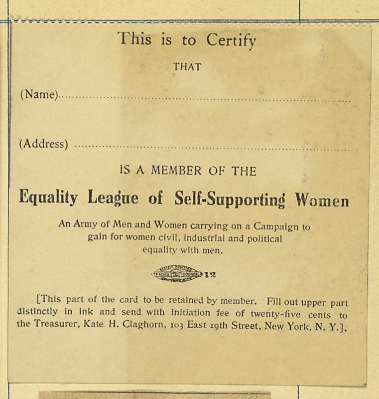 Membership card for Equality League of Self-Supporting Women