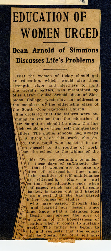 Newspaper clipping entitled “Education of Women Urged”